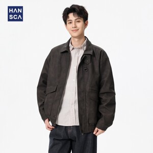 
hansca American retro motorcycle leather jacket men's handsome street fashion loose large size lapel work jacket