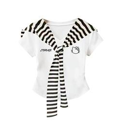 Kuaishou Internet Celebrity Social Girls' Same Style Children's Clothing Versatile Black and White Shawl Short-Sleeved Printed Top ins High-End
