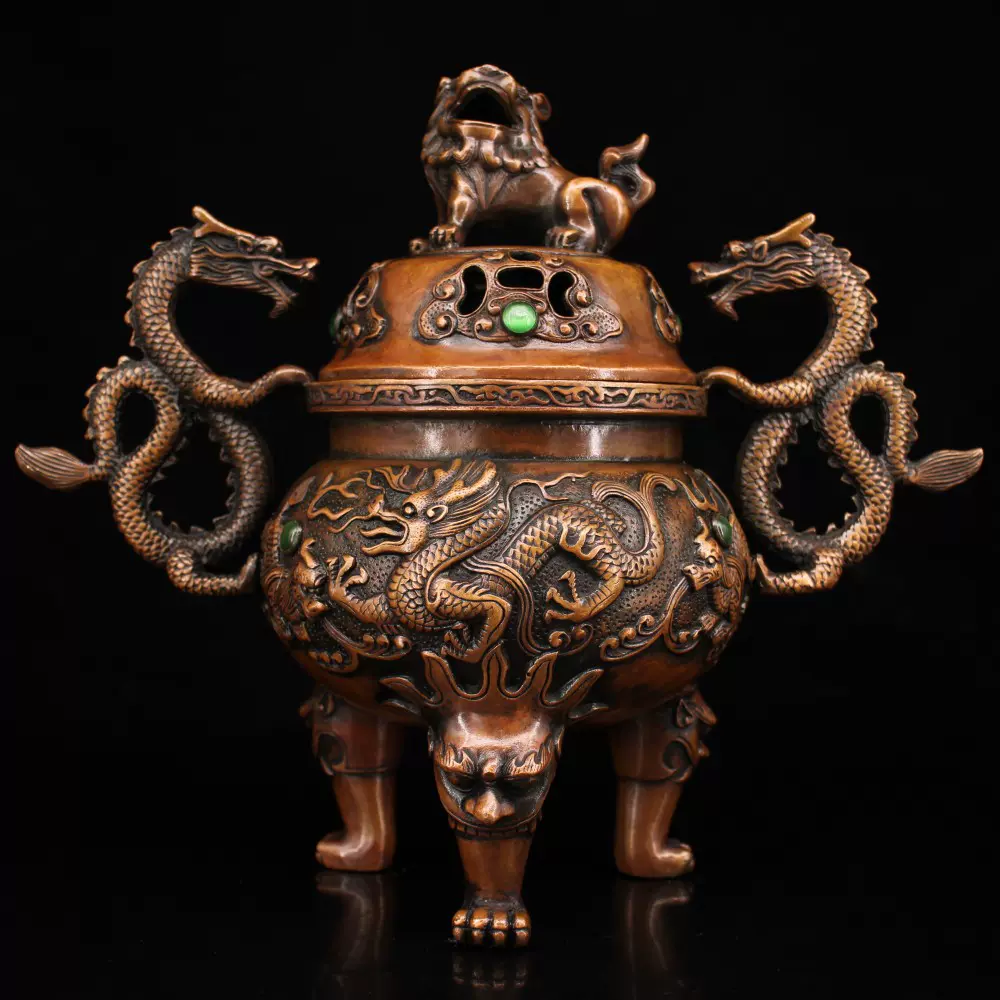 纯铜双龙耳三足鼎炉狮子盖熏香炉盘香炉家居室内