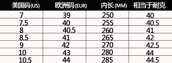 锐步尺码对照表