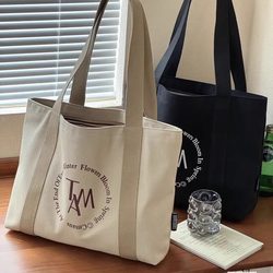 Original Design Korean Style Zipper Commuter Thick Canvas Tote Bag, Artistic, Simple, Casual, Versatile, Student Shoulder Bag