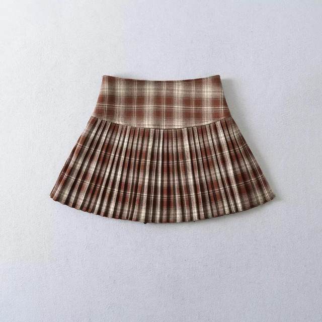 Little Ru European and American hot girl retro plaid printed pleated skirt for women in spring and autumn anti-exposure high waist slimming skirt