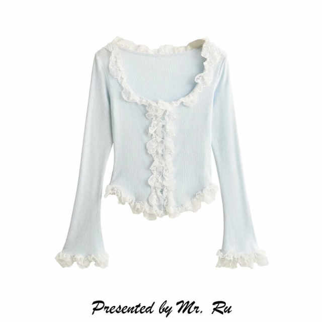 Xiaoru European and American grinding lace long-sleeved top sweet and fresh blue thin velvet slim and versatile base shirt