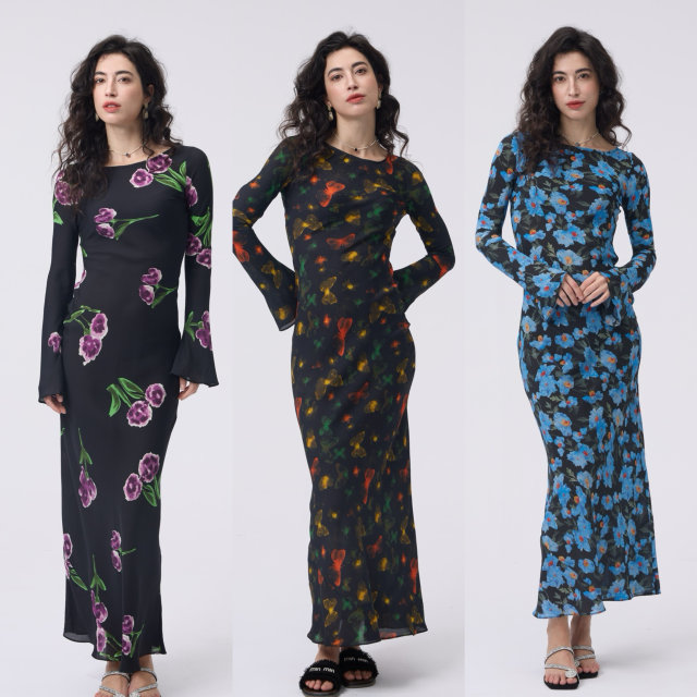Australian Niche 2025 new slanted silk print with long sleeves slim and slim temperament long dress for women