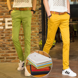 
Spring yellow men's casual pants green Korean version slimming feet slimming pure cotton student elastic colorful long pants