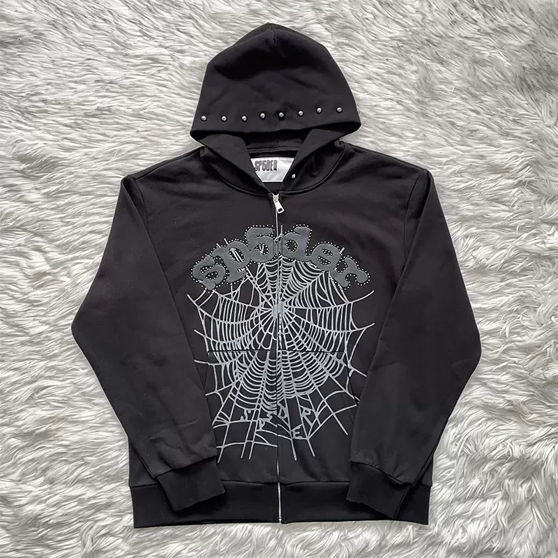 Sp5der 555555 Zip Up Hoodie 经典蜘蛛网印花拉链纯棉连帽卫衣-Taobao  