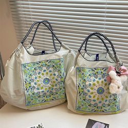 Ball Chain Cashew Flower Embroidered Shopping Bag Nylon Waterproof Eco-Friendly Bag Large Capacity Bag Shoulder Tote Bag