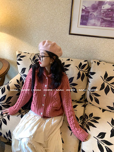fufun peach plum wine heavy industry Japanese sweet retro lapel multi-craft knitted sweater
