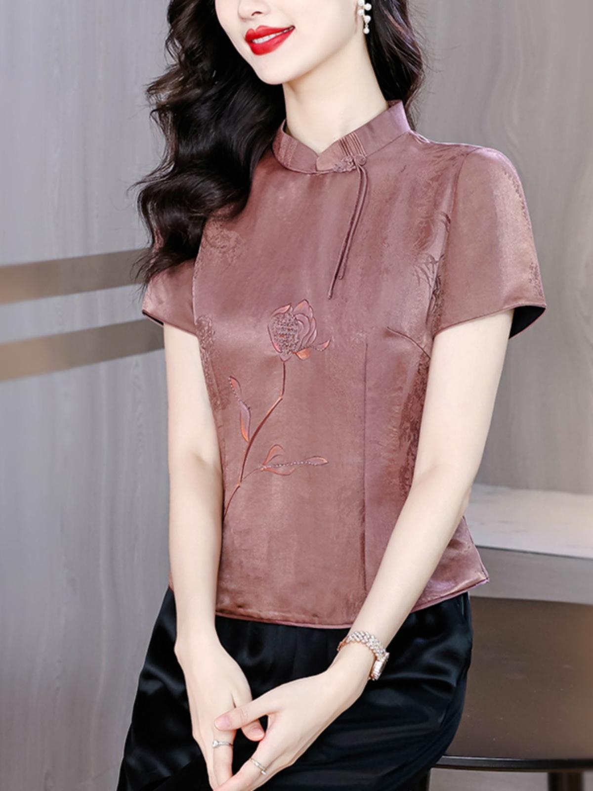 杭州大牌真丝衬衫女士香云纱立领洋气短袖小衫高端品牌桑蚕丝上衣