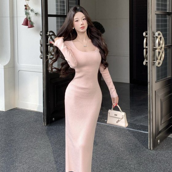 
Pure Desire Waist French Square Neck Knitted Dress Women's Winter High Waist Slimming Inner Hip Cover Sweater Bottoming Long Skirt