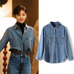Hard to Convince? Zhang Ruonan and Wen Yifan's Celebrity-Style Korean Version of a Spring and Autumn Denim Long-Sleeve Shirt for Women