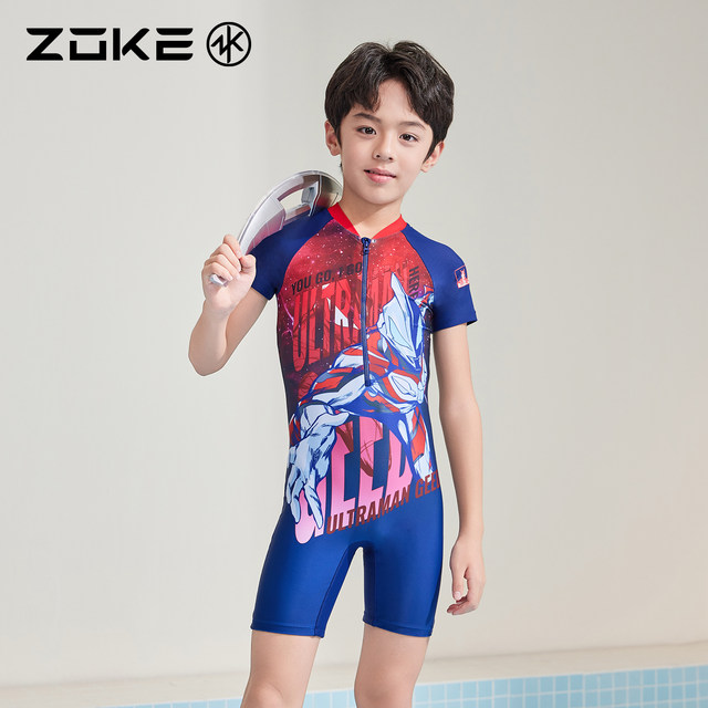 Zoke children's swimsuit one-piece flat corner short-sleeved sun protection swimming training Ultraman zoke boys quick-drying vacation