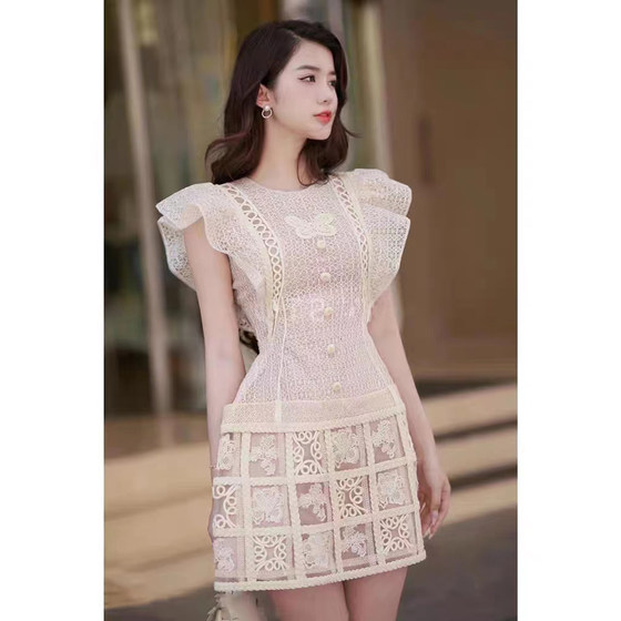 
Vietnamese niche Feifei Sleeve Lace Embroidery Spliced High Waist A-line Short Dress GSEN230263