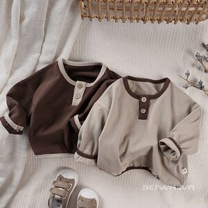 Literary style ~ Spring new style of children's baby soft glutinous pure cotton long-sleeved T-shirt for boys contrasting collar top T-shirt trendy