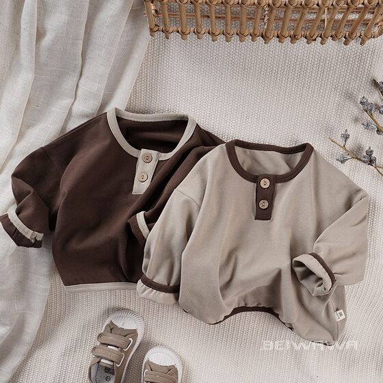 Literary style ~ Spring new style of children's baby soft glutinous pure cotton long-sleeved T-shirt for boys contrasting collar top T-shirt trendy