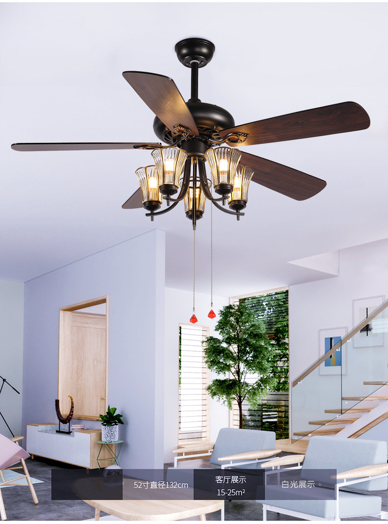 レトロシーリングファンシャンデリア - 5灯 鉄とガラス リビングルーム照明