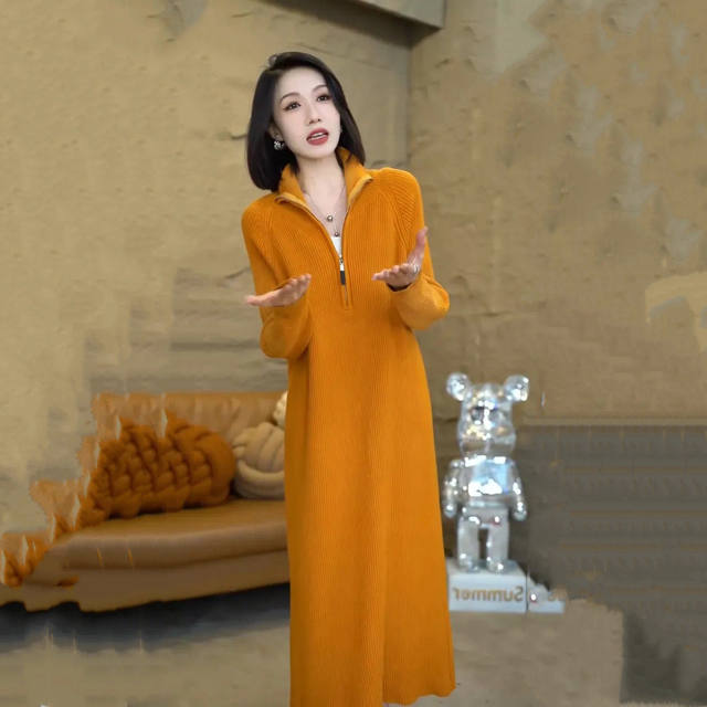 Takaitar skirt half zipper mid -length autumn and winter 2024 new high -grade high -end knitted knee long skirt dress