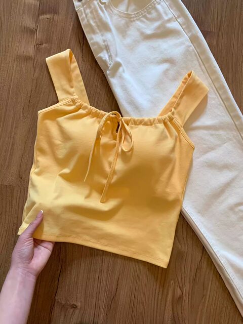 
Dopamine yellow white small suspender vest with chest pad pleated bow tie wide shoulder design beautiful back top