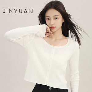 Jinyuan round neck knitted cardigan with thin women's sweater 2024 autumn new long-sleeved top H243106
