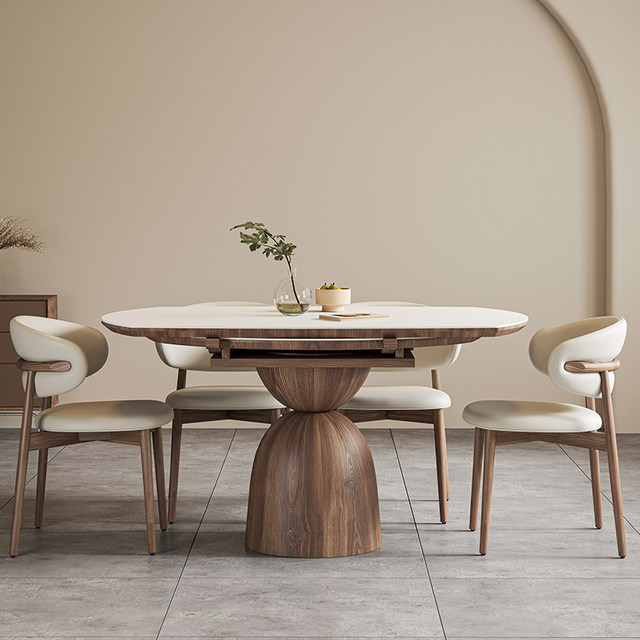Retractable Nordic modern solid wood rock slab round dining table ...