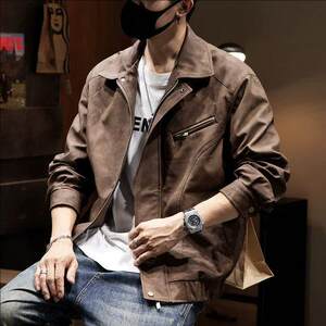 
American retro batik work leather jacket men's autumn new motorcycle style loose trendy brand lapel jacket men
