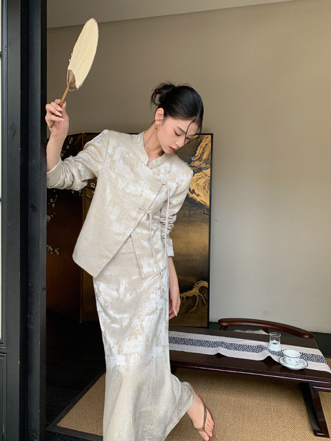 JWUNIQUE apricot new Chinese two-piece suit for women's spring 2025 new Chinese style top high waist skirt