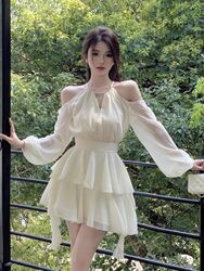 Spring and Autumn Plus-Size French Long-Sleeve Dress for Chubby Women, Fairy-Like Waist-Cinching Sweet Chiffon Short Skirt with Ruffled Tiered Skirt