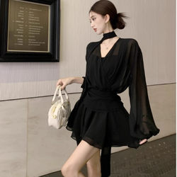 Plus-Size French Long-Sleeve Shirt Dress for Women, Spring and Autumn, Sexy Pleated Chiffon, Tummy-Covering, Slimming, Hip-Hugging A-Line Short Skirt