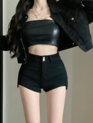 Petite Women's Stylish Irregular Stretch Denim Shorts, Spring and Autumn, Plus Size, High-Waisted, Hip-Hugging Hot Pants, Trendy