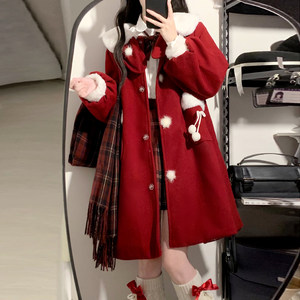 Women's 2024 new wool coat for autumn and winter plus velvet thickened mid-length small New Year's battle robe red jacket