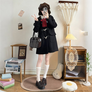
College style JK coat in autumn and winter warm black hooded horn buckle cotton thickened medium length blue-colored woolen jacket