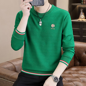 Green sweater men's spring and autumn tide brand European goods men's round neck shirt inside long -sleeved T -shirt autumn clothes
