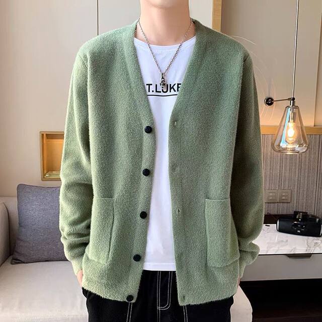 Mink knitted cardigan men's sweater jacket spring and autumn loose ...