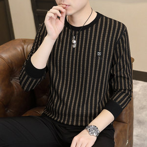 High-end brand vertical striped sweatshirt men's spring and autumn fashion casual round neck long-sleeved T-shirt underwear autumn top trendy