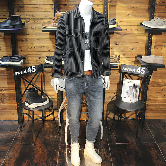 
Autumn men's vertical striped lapel leather jacket, simple Japanese trendy slim and handsome youth leather jacket pu leather jacket