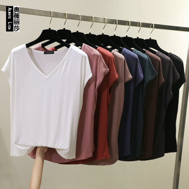 Modal white T-shirt for women short-sleeved slim short summer clothing 2025 new women tight v-neck black top
