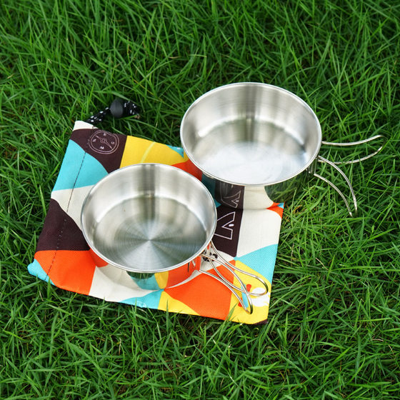 Outdoor 304 stainless steel bowl set portable mini folding bowl mountaineering backpacker camping small steel bowl tableware 2-piece set