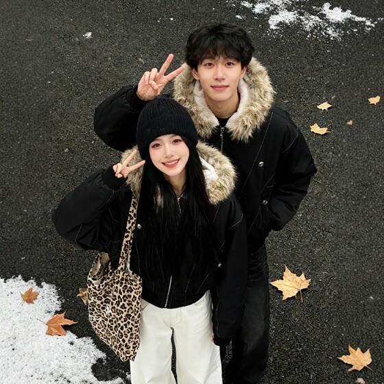 
Mountain carving lamb velvet collar hooded plus velvet cotton coat for men and women winter thickened cotton coat short couple cotton jacket