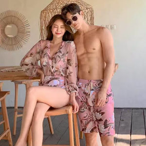 
Special offer] Couple swimwear Korean one-piece long-sleeved slim conservative fashionable printed hot spring swimsuit for women in stock
