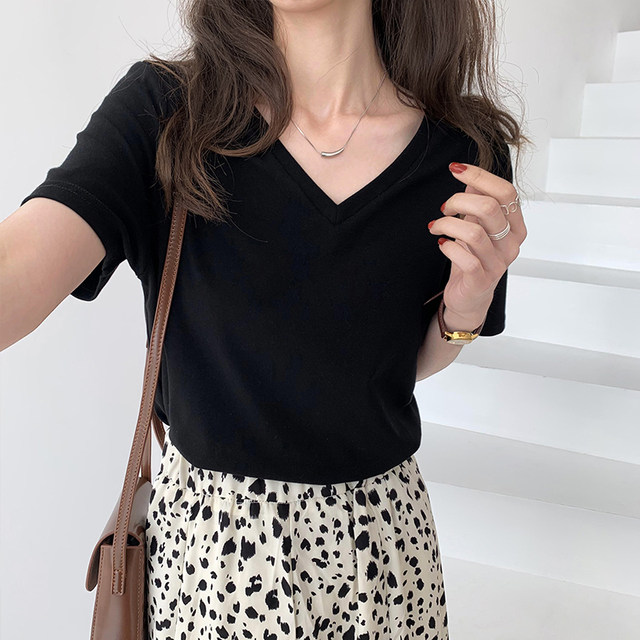 2021 Summer New Solid Color Short-Sleeve Korean Style Loose Cotton V ...