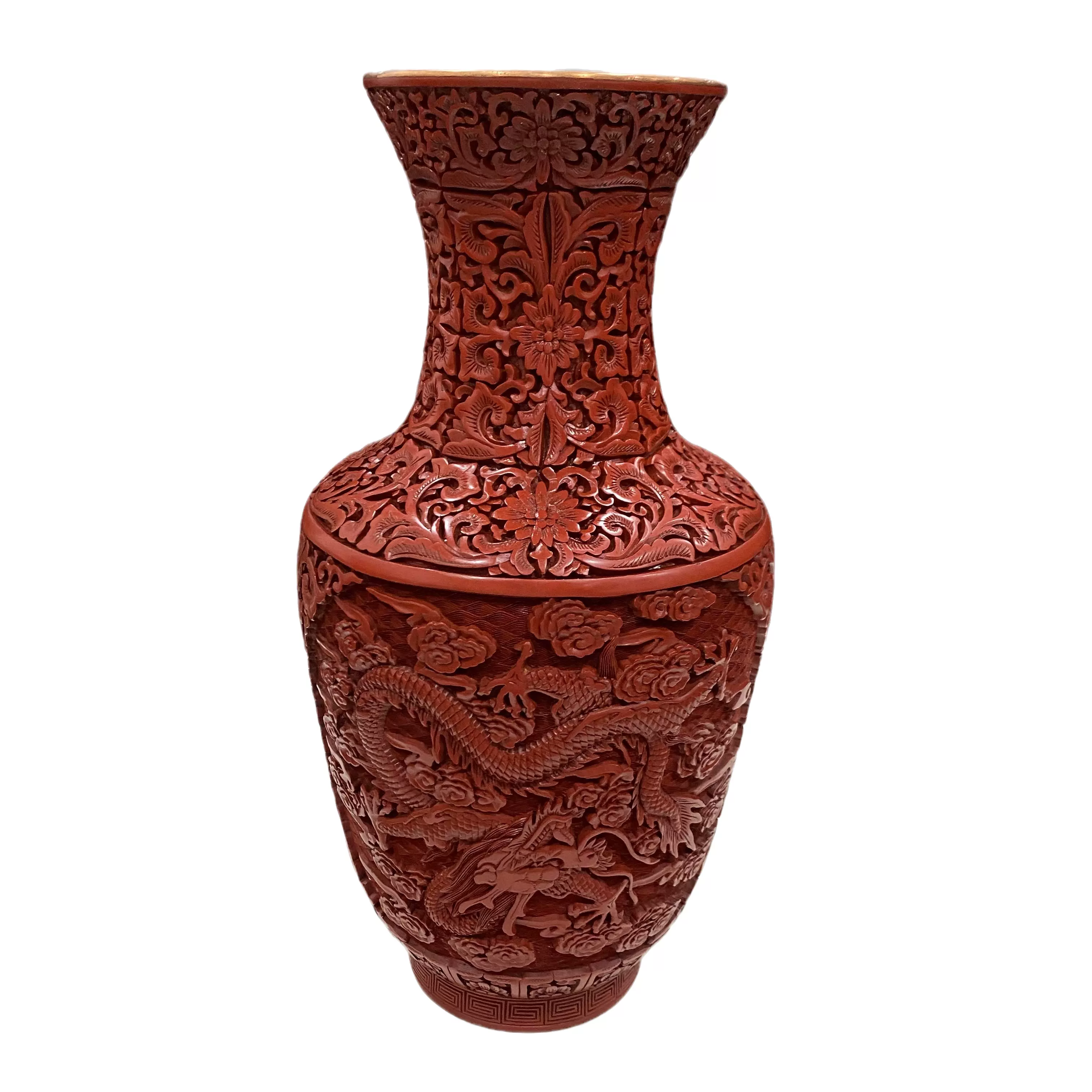 雕漆剔红漆器纯手工天然大漆雕刻铜胎祥云龙花瓶15寸收藏品-Taobao