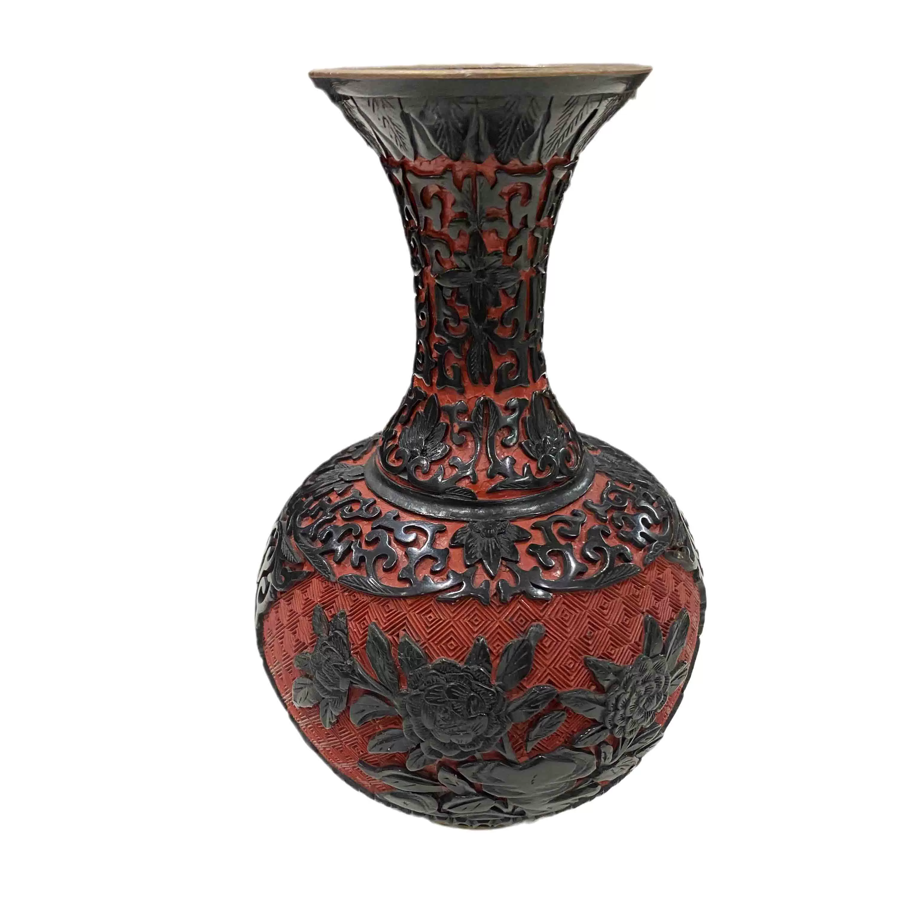 雕漆剔红漆器纯手工大漆铜胎剔黑花瓶存储80年代回流老货特价-Taobao