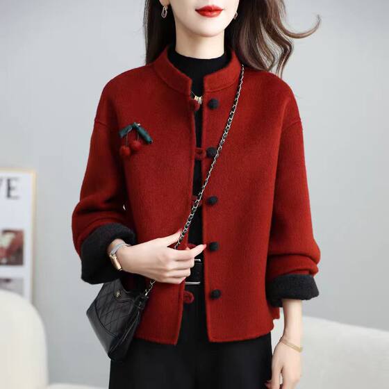 
New Chinese style double-sided woolen coat for women 2025 autumn and winter new stand-up collar contrasting national style woolen short coat