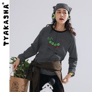 
TYAKASHA unisex tops 2025 autumn and winter new striped T-shirt loose long-sleeved T-shirt