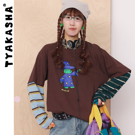 
TYAKASHA T-shirt for men and women 2026 spring new striped fake two-piece printed long-sleeved top T-shirt