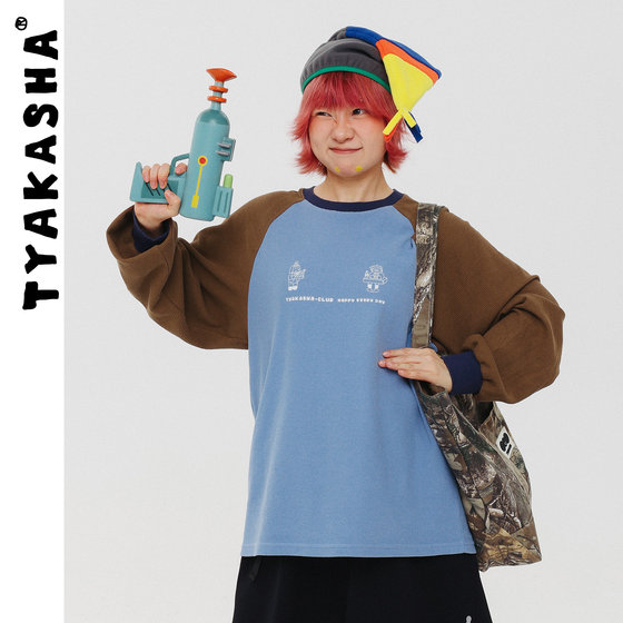 
TYAKASHA men's and women's couple tops 2025 new winter color matching loose long-sleeved T-shirt