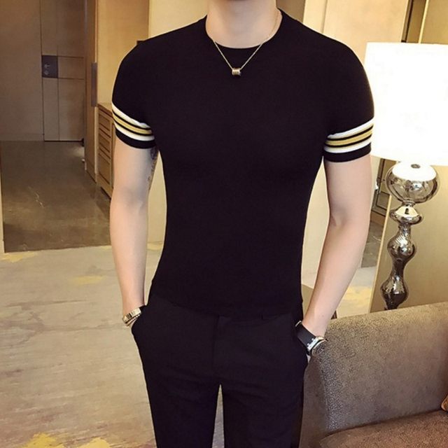 Korean summer color matching round neck short-sleeved thin knitwear men ...