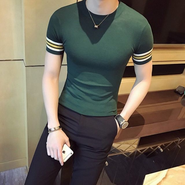 Korean summer color matching round neck short-sleeved thin knitwear men ...