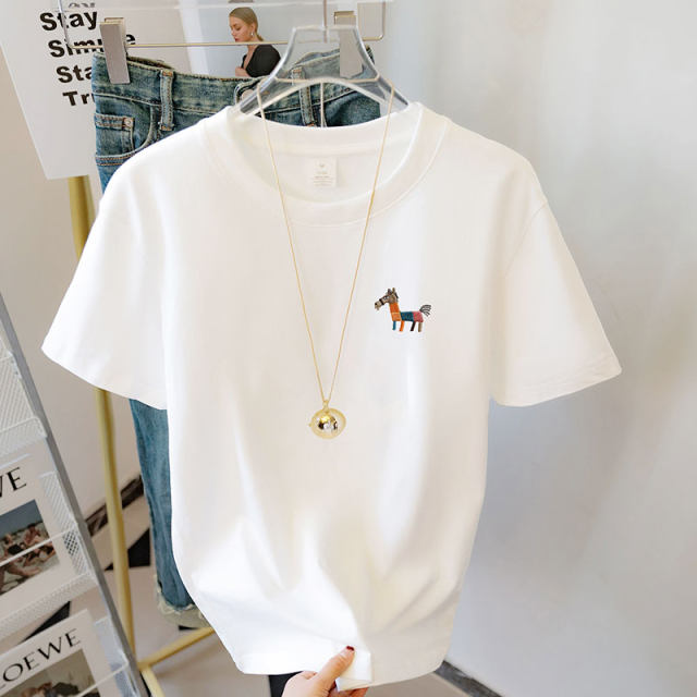 Embroidered pony pure cotton white short-sleeved T-shirt for women 2025 new student large size loose versatile couple outfits for men and women
