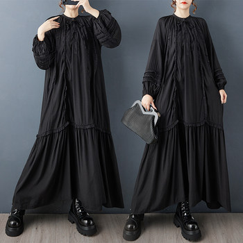 Real shot of the new autumn loose dark retro irregular heavy industry wooden ear edge irregular splicing temperament dress